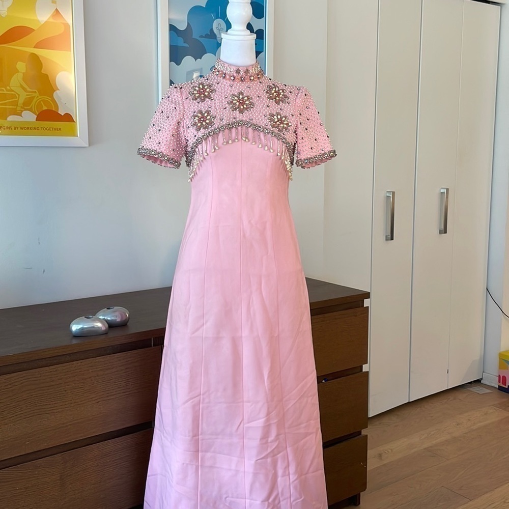 Vintage Chinese Silk Beaded Dress Pink Maxi Cheongsam Style Embellished Formal G - Picture 3 of 14